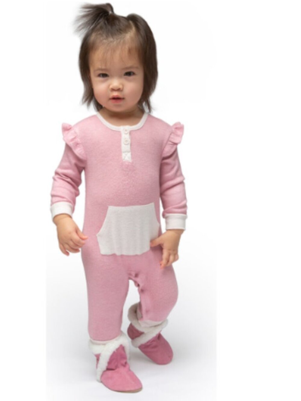 Robeez Lux Lounge Romper Girls 18 M Pink Ruffle Soft Cozy One Piece Pockets NWT